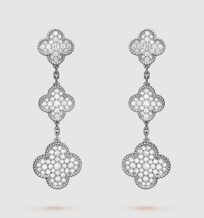 [Cadisa]CLOVER 3 MOTIF DIAMOND SILVER DROP EARRINGS