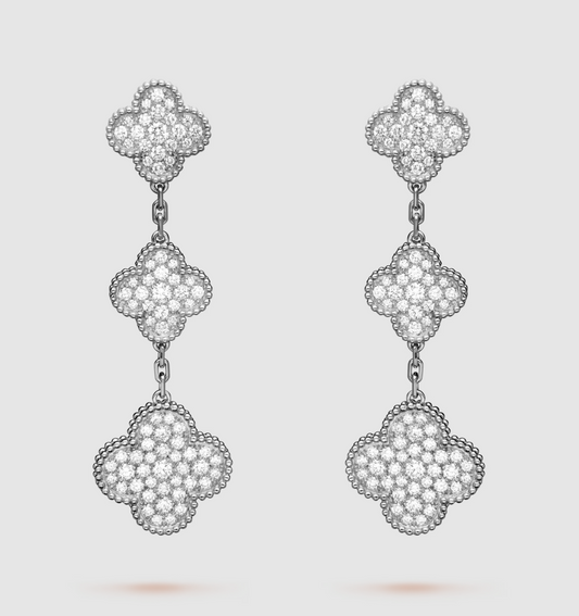 [Cadisa]CLOVER 3 MOTIF DIAMOND SILVER DROP EARRINGS
