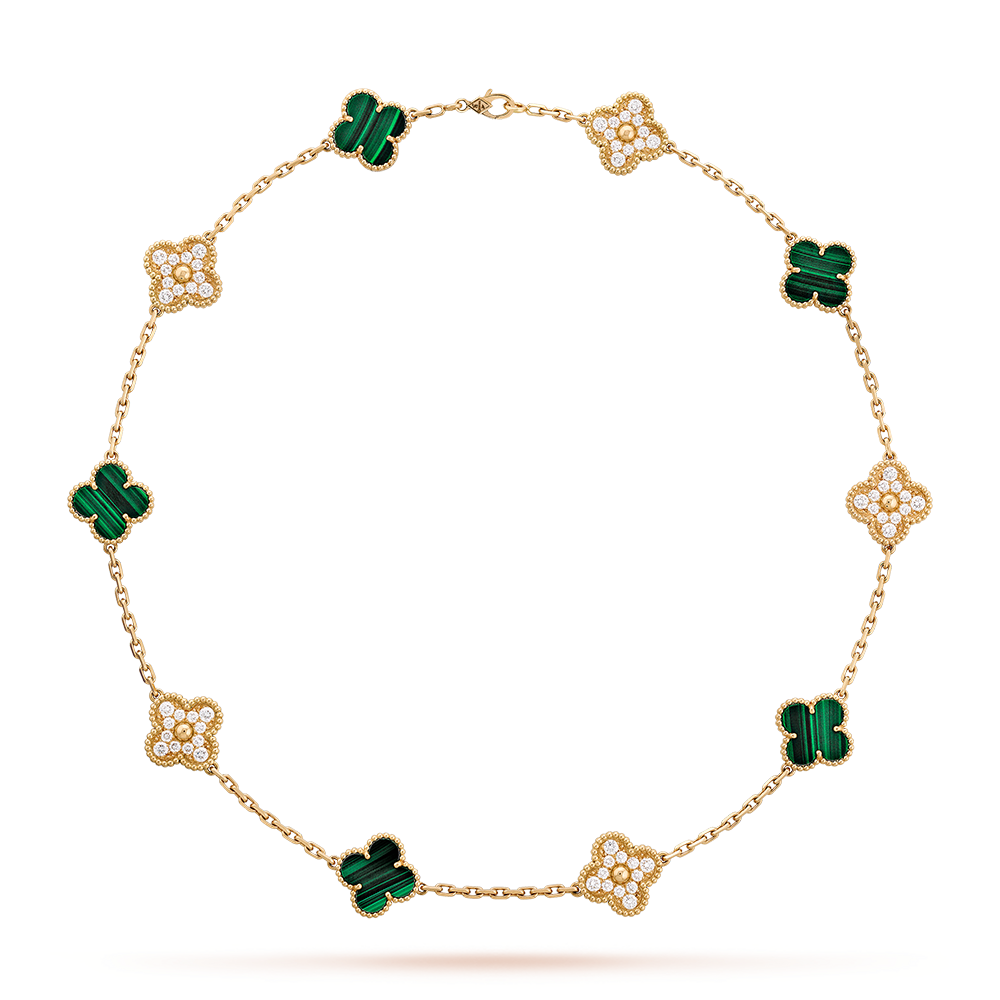 [Cadisa]CLOVER 10 MOTIFS MALACHITE DIAMOND NECKLACE