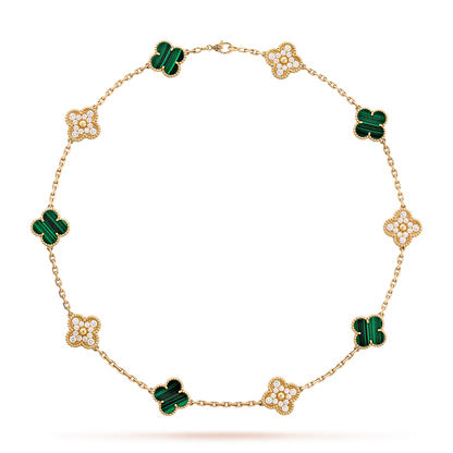 [Cadisa]CLOVER 10 MOTIFS MALACHITE DIAMOND NECKLACE