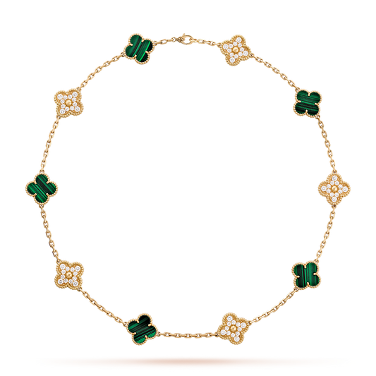 [Cadisa]CLOVER 10 MOTIFS MALACHITE DIAMOND NECKLACE