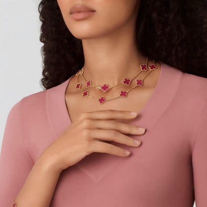 [Cadisa]Clover Pink Enamel Necklace & Earring Jewelry Set