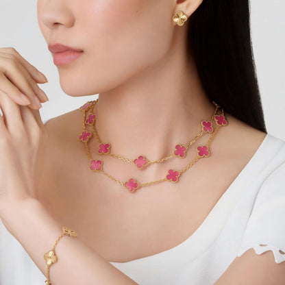 [Cadisa]Clover Pink Enamel Necklace & Earring Jewelry Set