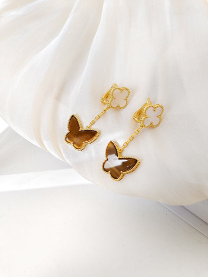 [Cadisa]BUTTERFLY 2 MOTIF TIGER EYE MOP EARRINGS