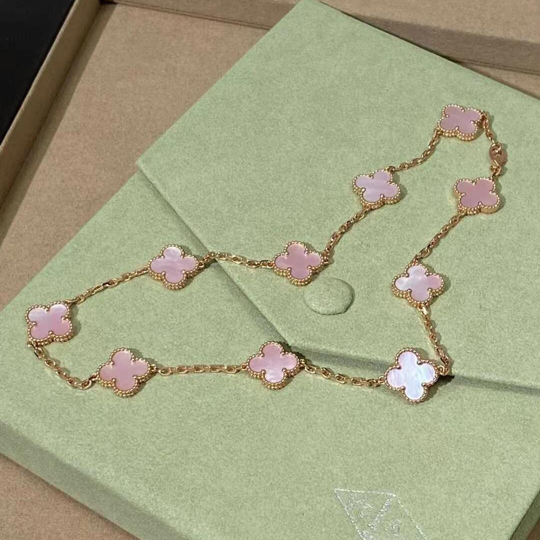 [Cadisa]CLOVER 10 MOTIFS PINK MOP NECKLACE