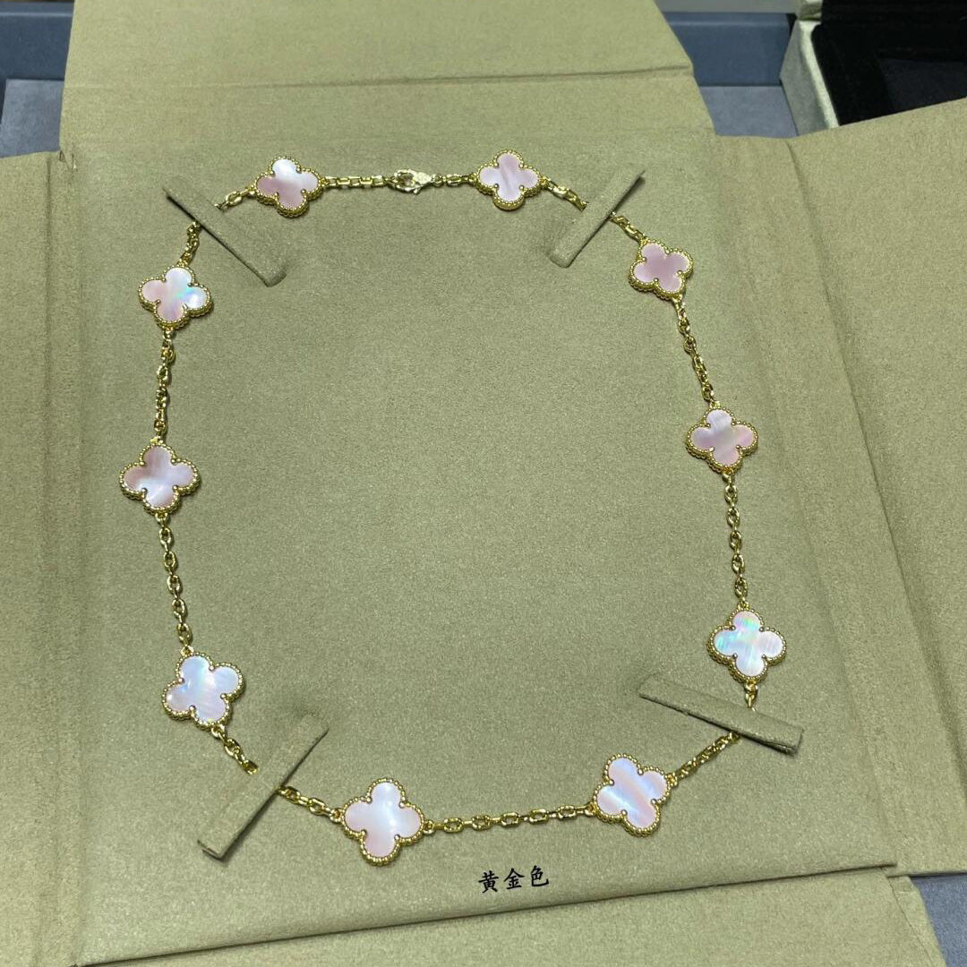 [Cadisa]CLOVER 10 MOTIFS PINK MOP NECKLACE