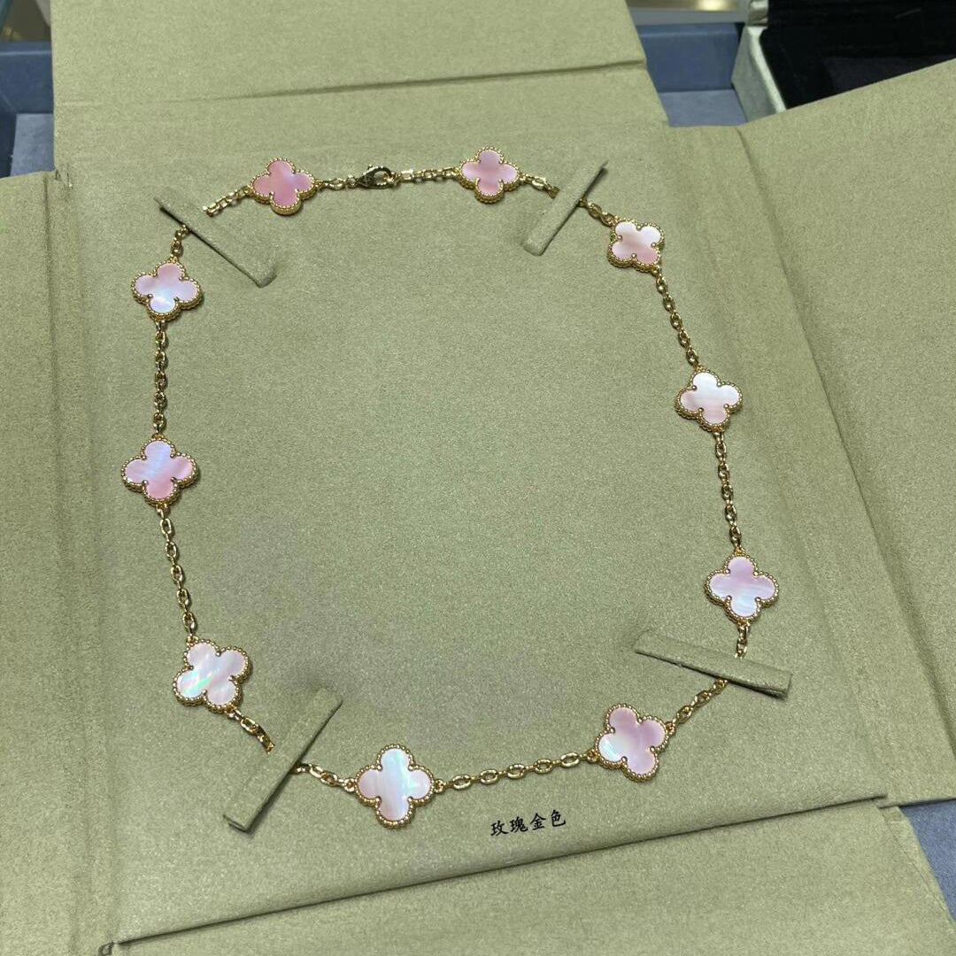 [Cadisa]CLOVER 10 MOTIFS PINK MOP NECKLACE
