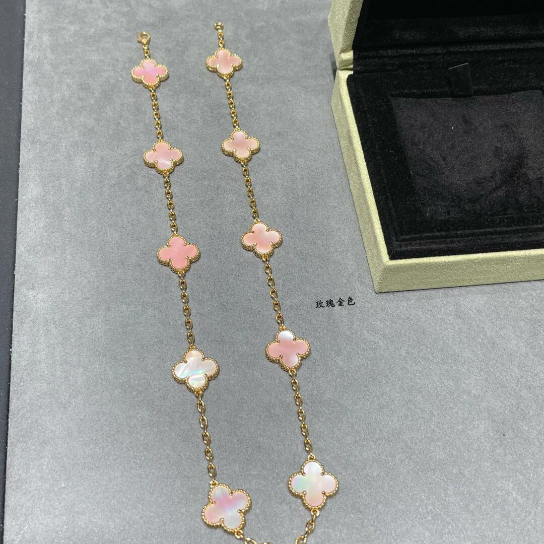 [Cadisa]CLOVER 10 MOTIFS PINK MOP NECKLACE