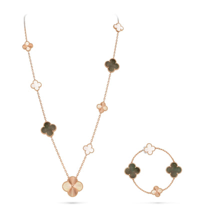 [Cadisa]DETACHABLE CLOVER 15(11+4) FLOWER ROSE GOLD NECKLACE SET