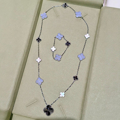 [Cadisa]DETACHABLE CLOVER 15(11+4) FLOWER SILVER NECKLACE SET