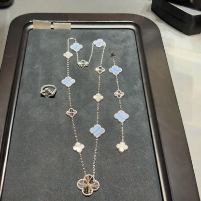 [Cadisa]DETACHABLE CLOVER 15(11+4) FLOWER SILVER NECKLACE SET