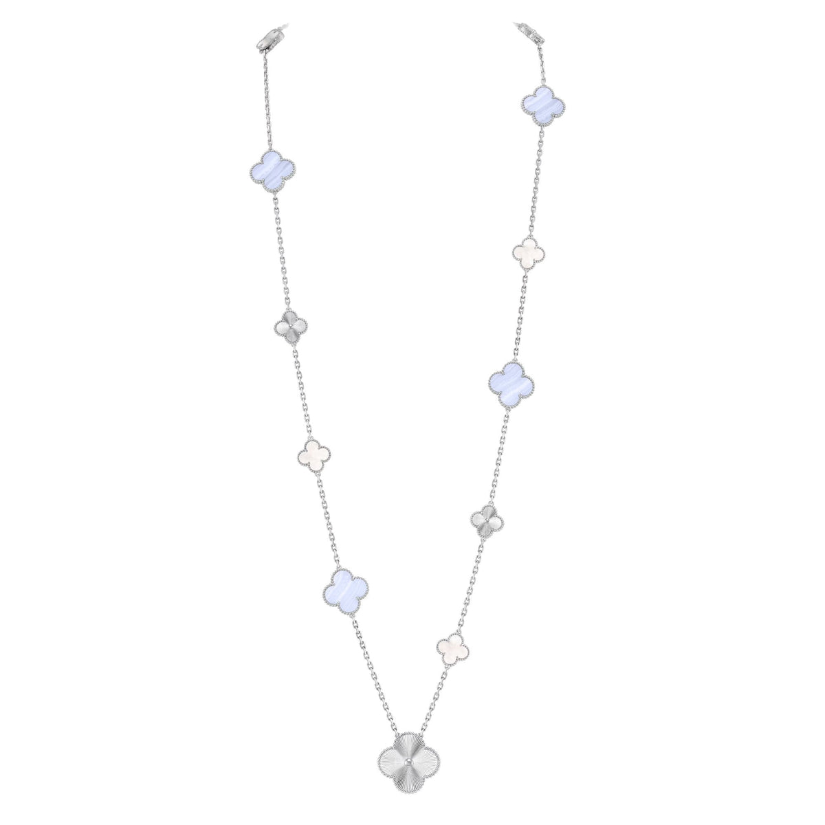 [Cadisa]DETACHABLE CLOVER 15(11+4) FLOWER SILVER NECKLACE SET