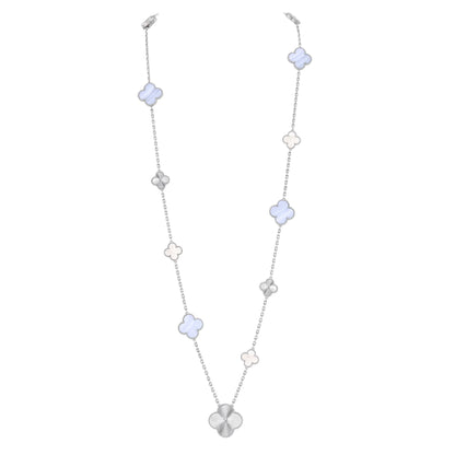 [Cadisa]DETACHABLE CLOVER 15(11+4) FLOWER SILVER NECKLACE SET