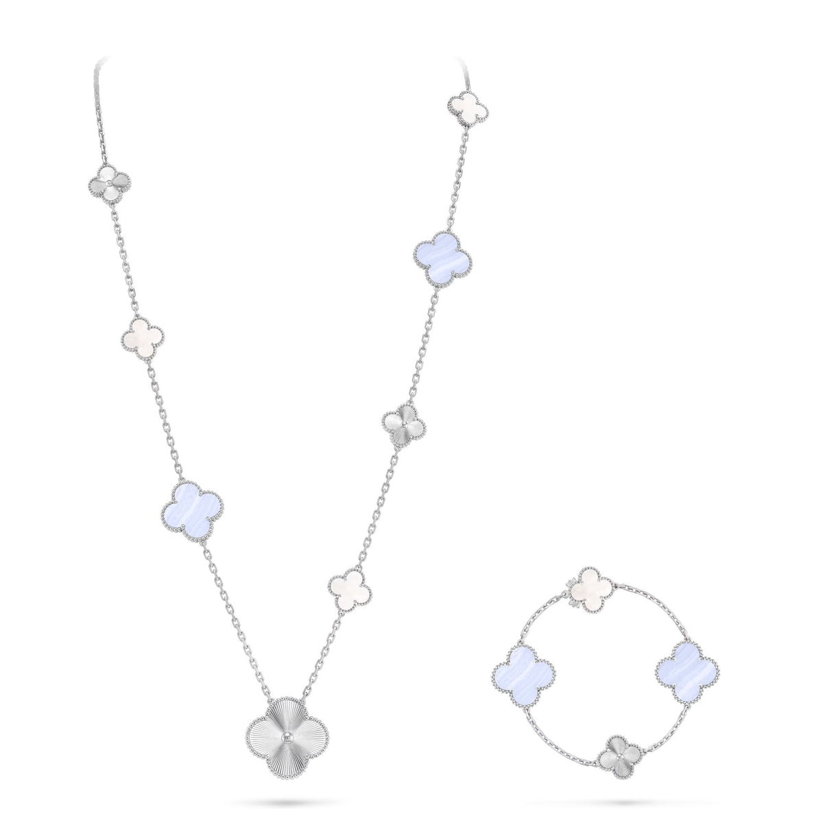 [Cadisa]DETACHABLE CLOVER 15(11+4) FLOWER SILVER NECKLACE SET
