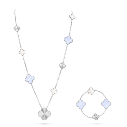 [Cadisa]DETACHABLE CLOVER 15(11+4) FLOWER SILVER NECKLACE SET