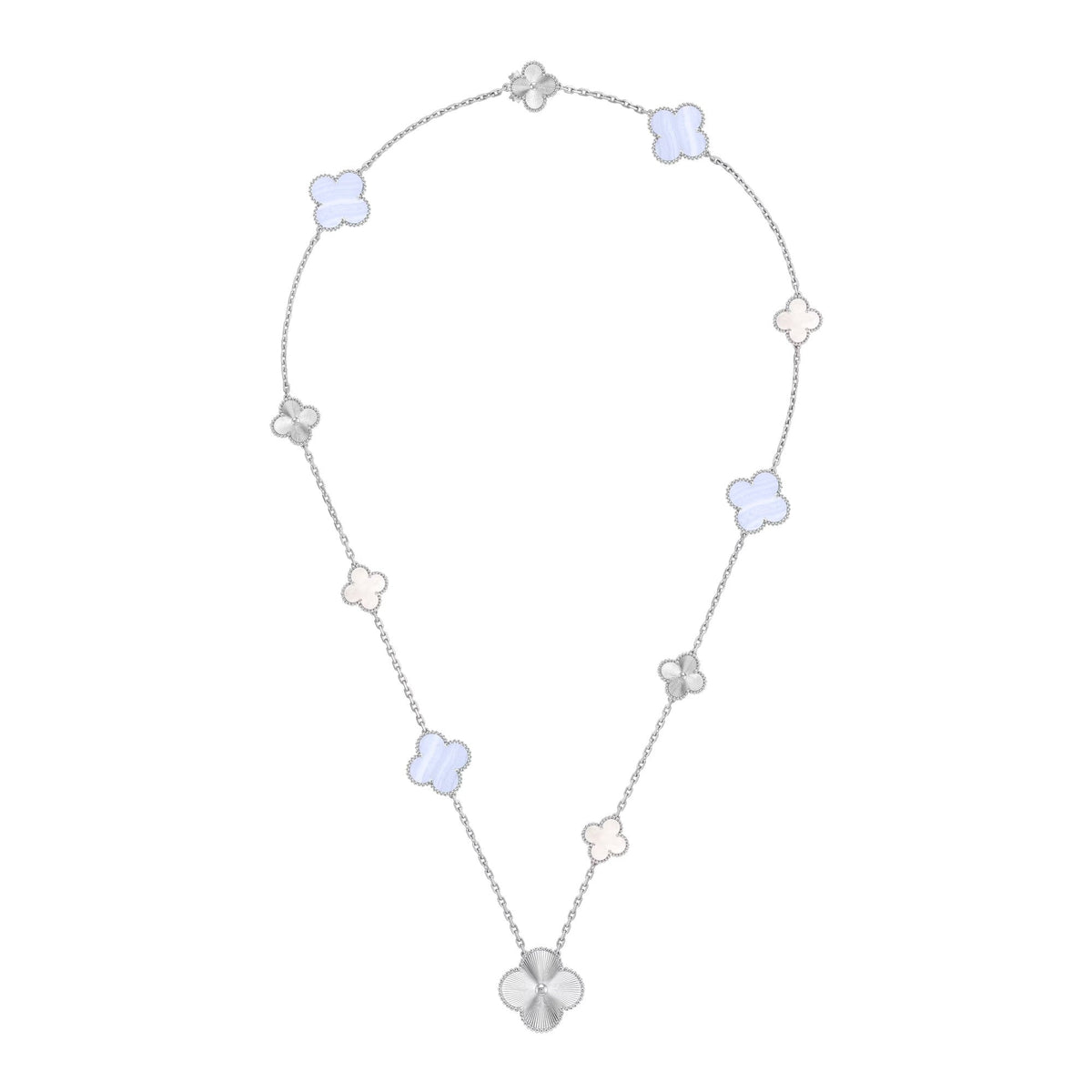 [Cadisa]DETACHABLE CLOVER 15(11+4) FLOWER SILVER NECKLACE SET