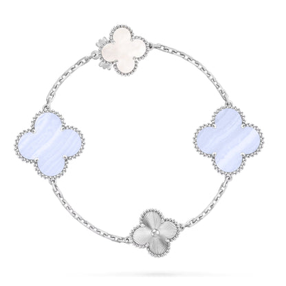 [Cadisa]DETACHABLE CLOVER 15(11+4) FLOWER SILVER NECKLACE SET