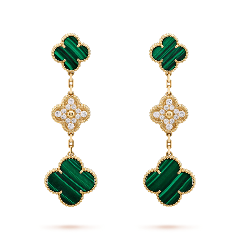 [Cadisa]CLOVER EARRINGS GOLD MALACHITE DIAMOND 3 MOTIF