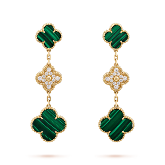 [Cadisa]CLOVER EARRINGS GOLD MALACHITE DIAMOND 3 MOTIF