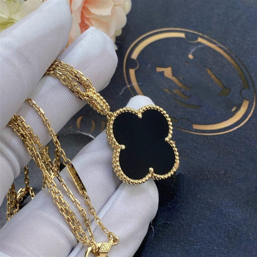 [Cadisa]CLOVER 25MM GOLD ONYX BIG CLOVER NECKLACE