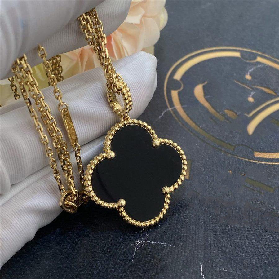 [Cadisa]CLOVER 25MM GOLD ONYX BIG CLOVER NECKLACE