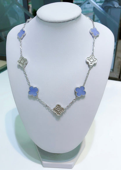 [Cadisa]CLOVER 10 MOTIFS CHALCEDONY DIAMONDS SILVER NECKLACE
