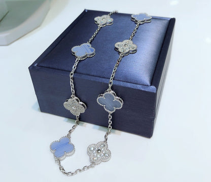 [Cadisa]CLOVER 10 MOTIFS CHALCEDONY DIAMONDS SILVER NECKLACE